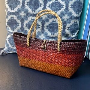 Straw hand woven jute market tote | Red striped